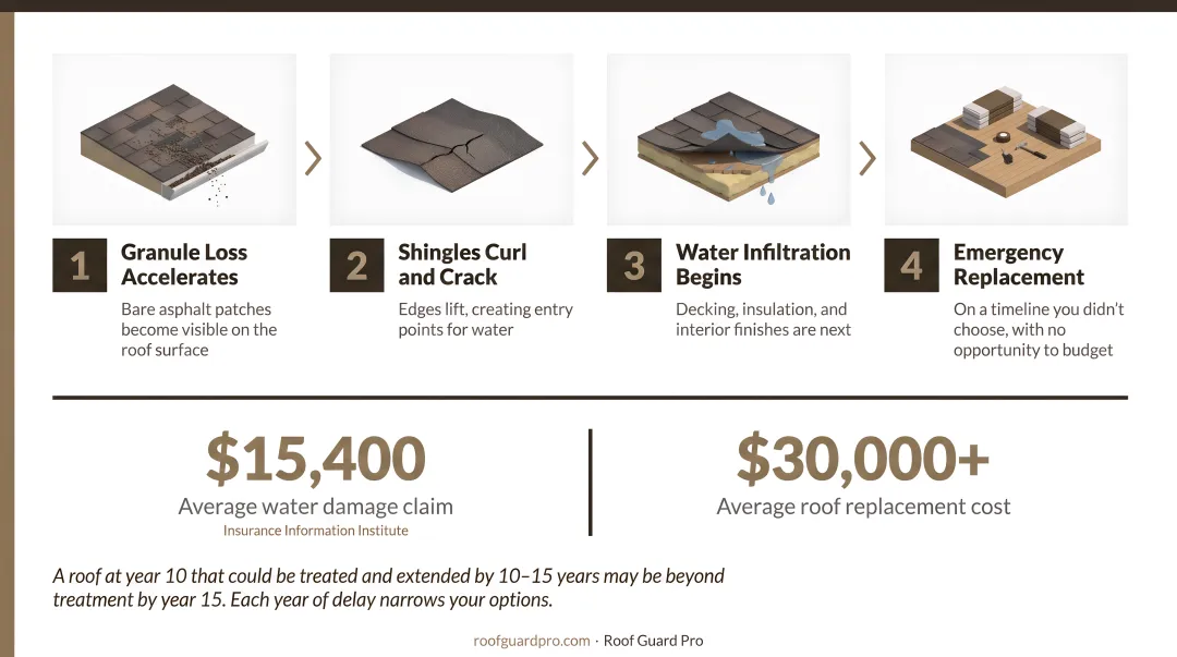 4-stage UV roof neglect deterioration timeline from granule loss to emergency replacement