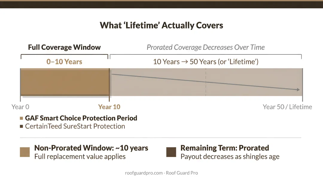 Roof warranty proration timeline showing full coverage decline over 50 years