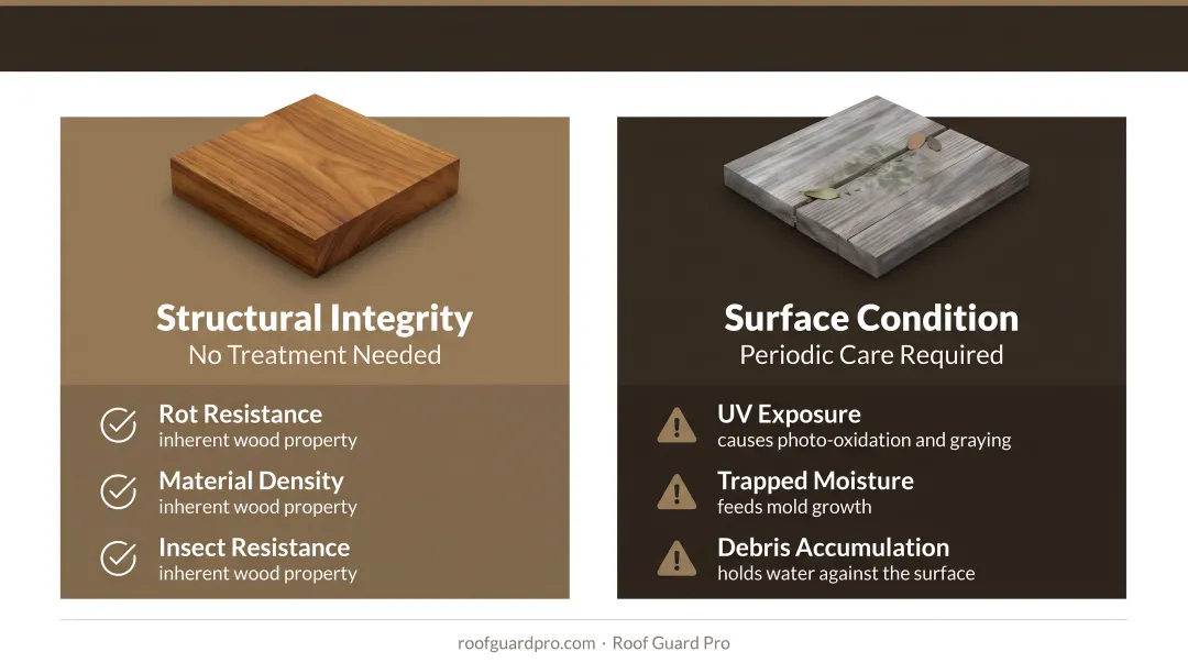 Ipe deck cosmetic versus structural maintenance two-category comparison infographic