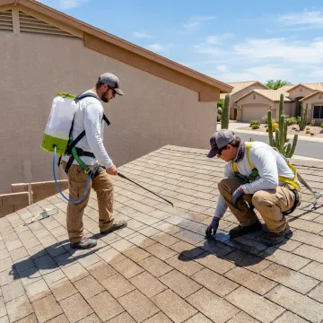 Roof restoration crew applying protective coating