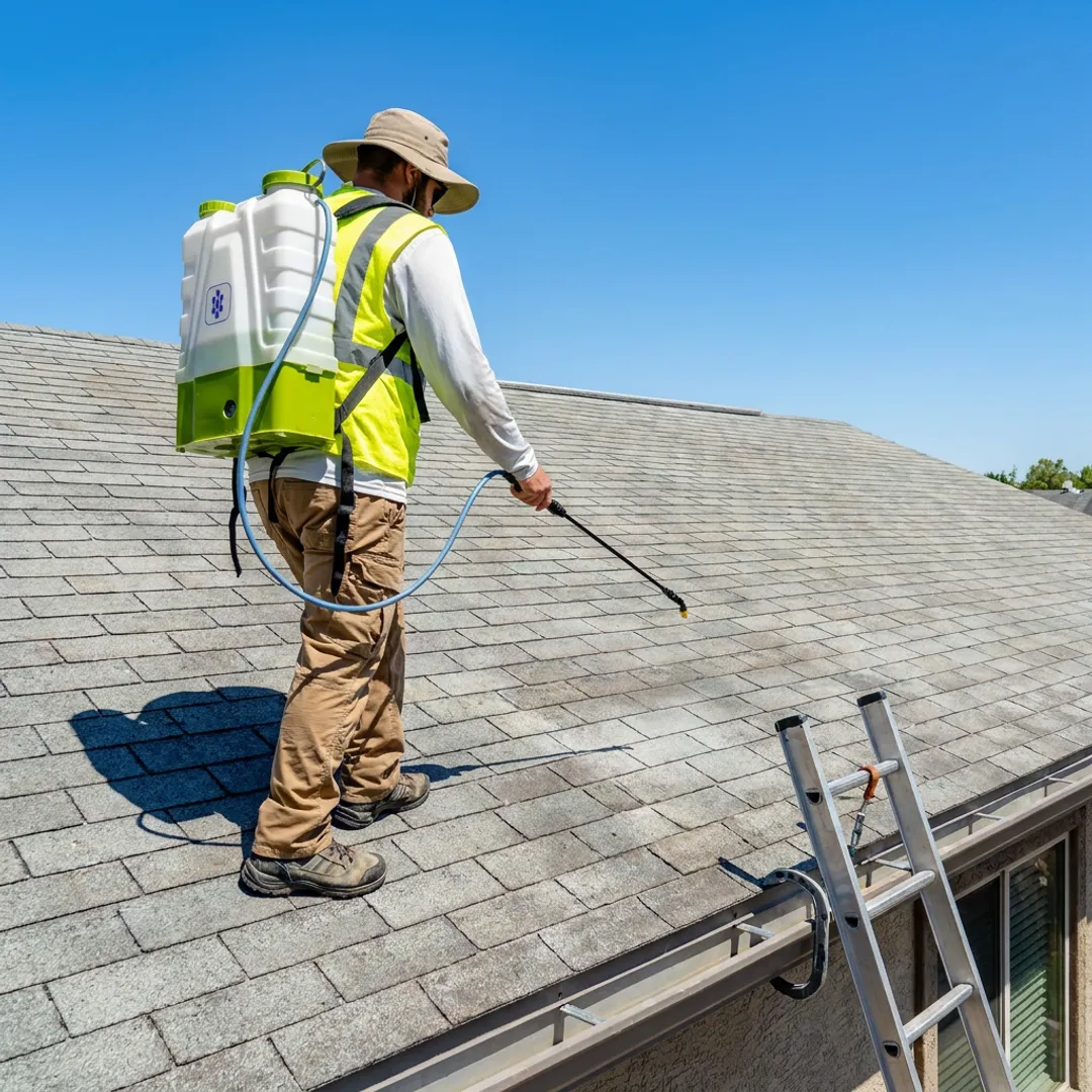 Technician restoring a shingled roof with protective coating