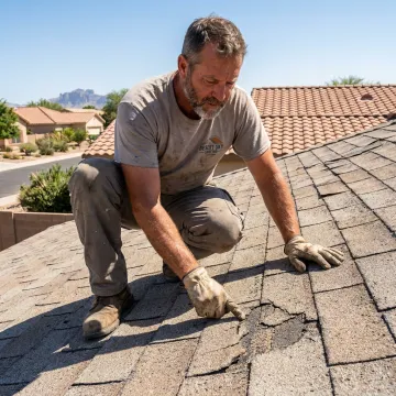 Roof technician inspecting shingled roof