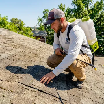 Technician inspecting asphalt shingles before roof rejuvenation