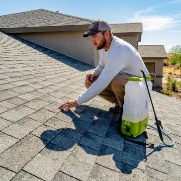 Roof technician inspecting shingles before coating