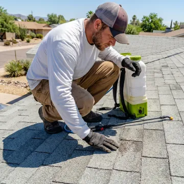 Roof technician inspecting residential shingles