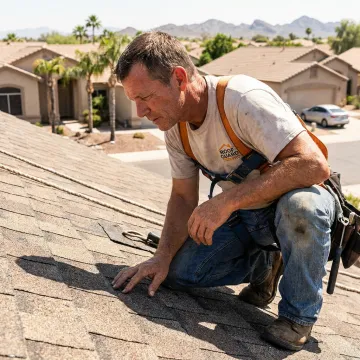 Technician inspecting shingled roof before restoration
