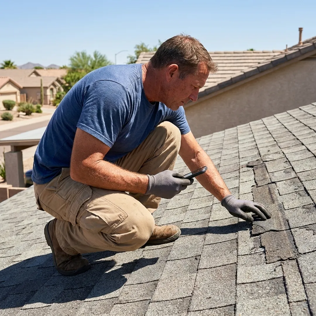 Technician assessing an Arizona shingled roof