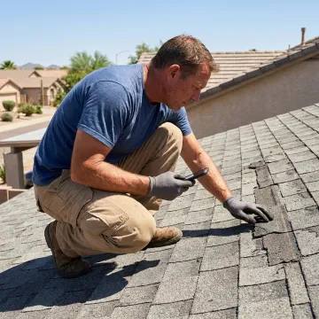 Technician assessing an Arizona shingled roof
