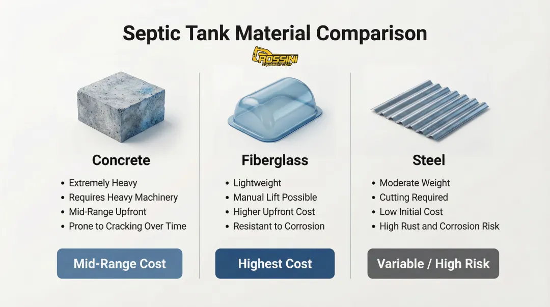 Concrete fiberglass and steel septic tank material removal cost comparison infographic