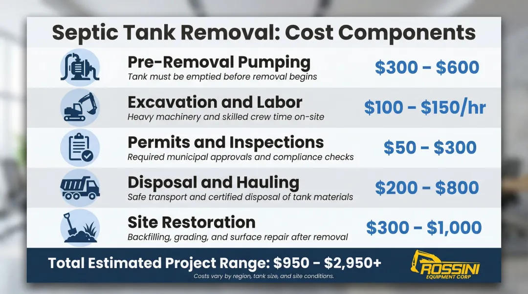 Five septic tank removal cost components with typical price ranges breakdown infographic