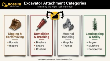 Four categories of excavator attachments from earthmoving to landscaping