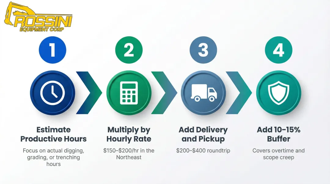 4-step mini excavator rental budget estimation framework process flow infographic