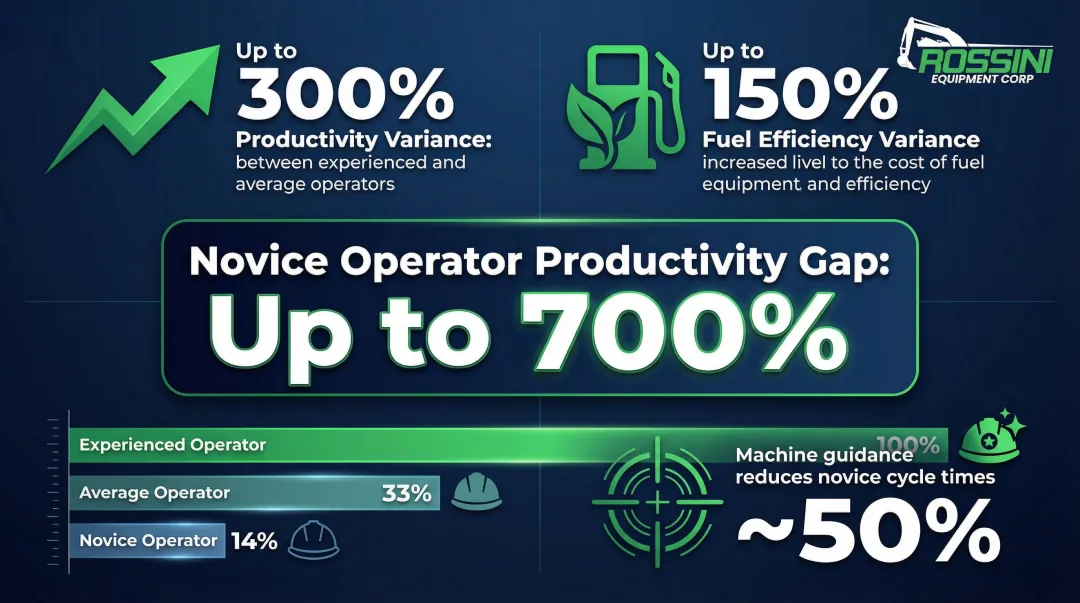 Excavator operator productivity and fuel efficiency variance comparison statistics infographic