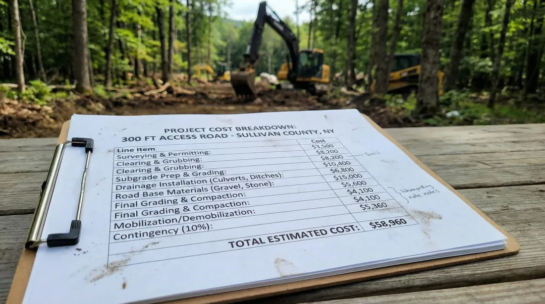 Itemized access road construction cost breakdown table for Sullivan County project