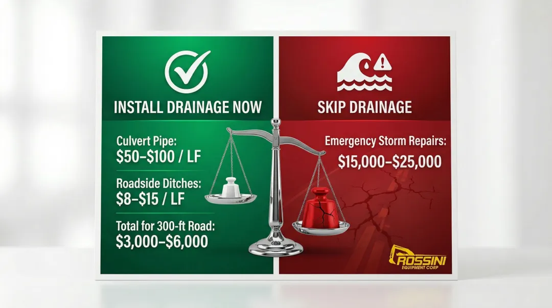 Access road drainage installation costs versus emergency repair costs comparison infographic