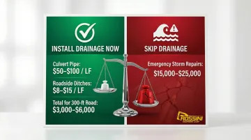 Access road drainage installation costs versus emergency repair costs comparison infographic