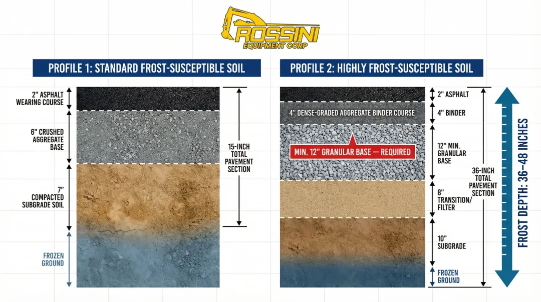 New York frost-susceptible soil pavement thickness requirements cross-section diagram