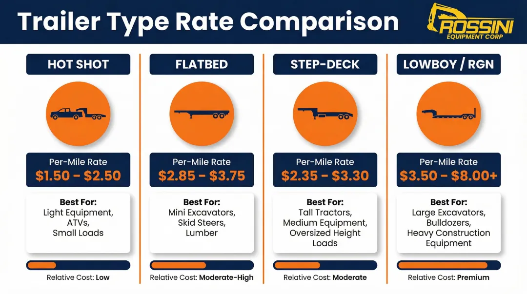 Four trailer types for heavy equipment transport with per-mile rates comparison