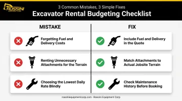 Excavator rental budgeting mistakes to avoid checklist infographic