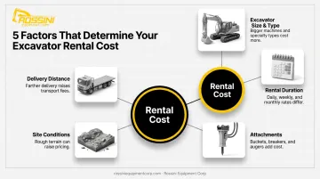 Five key factors affecting excavator rental cost infographic