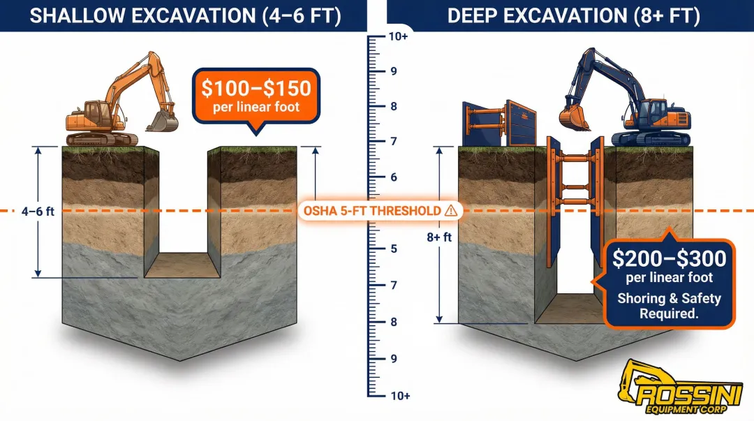 Excavation depth cost comparison shallow versus deep foundation per linear foot