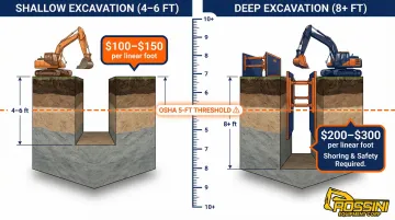 Excavation depth cost comparison shallow versus deep foundation per linear foot