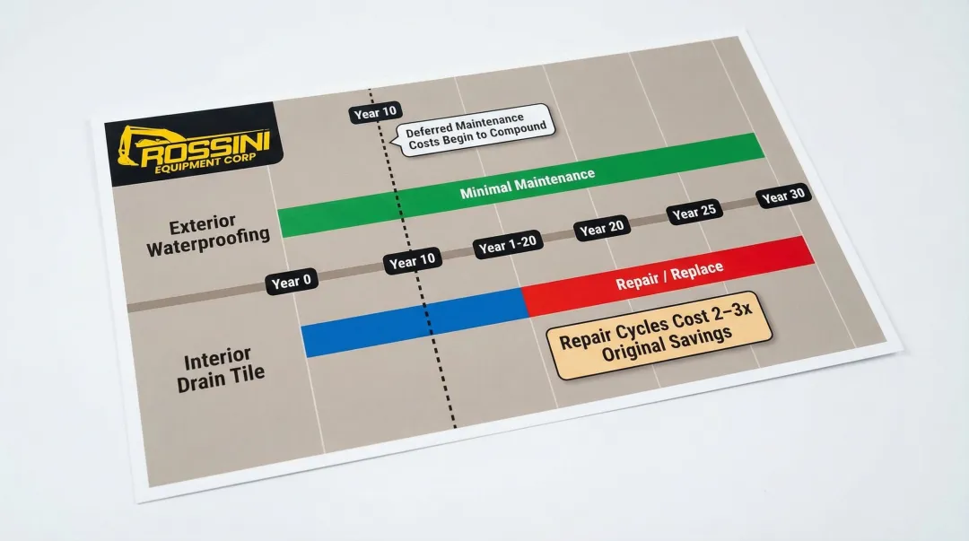 Waterproofing system service life timeline exterior interior and long-term repair cost comparison