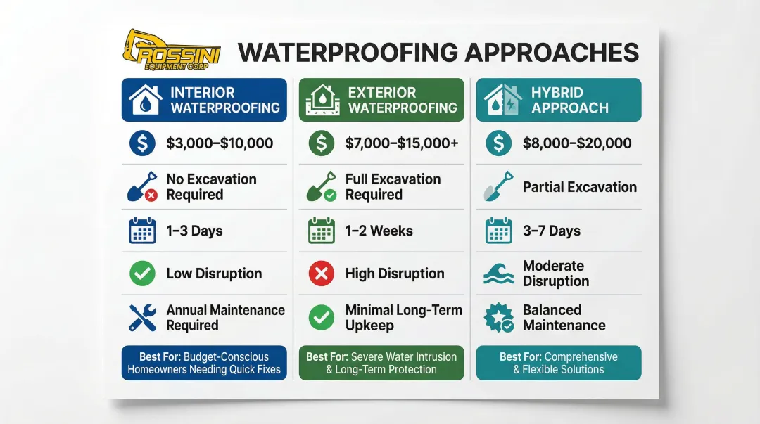 Interior exterior and hybrid waterproofing system three-way cost and features comparison
