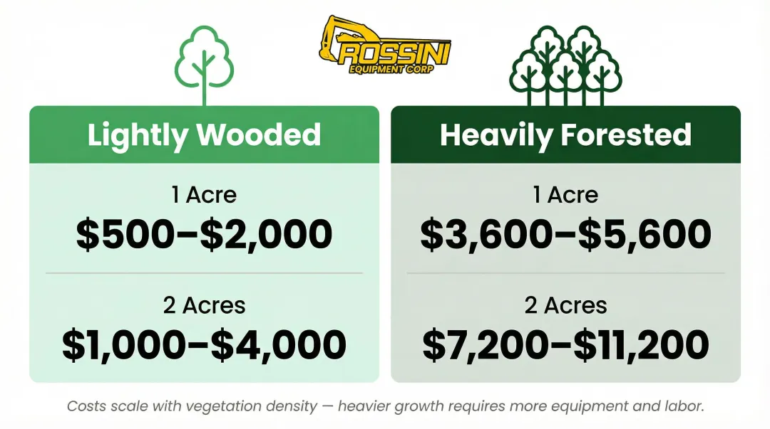 Commercial land clearing cost per acre lightly wooded versus heavily forested comparison