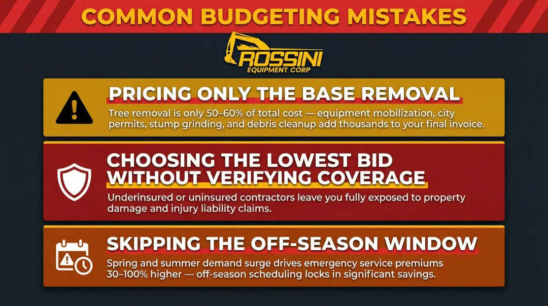 Three common commercial tree removal budgeting mistakes to avoid warning infographic
