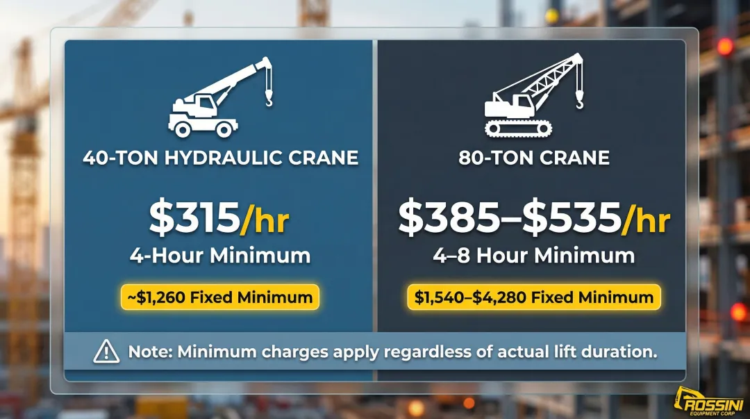 Commercial crane rental hourly rates and daily minimums cost breakdown infographic
