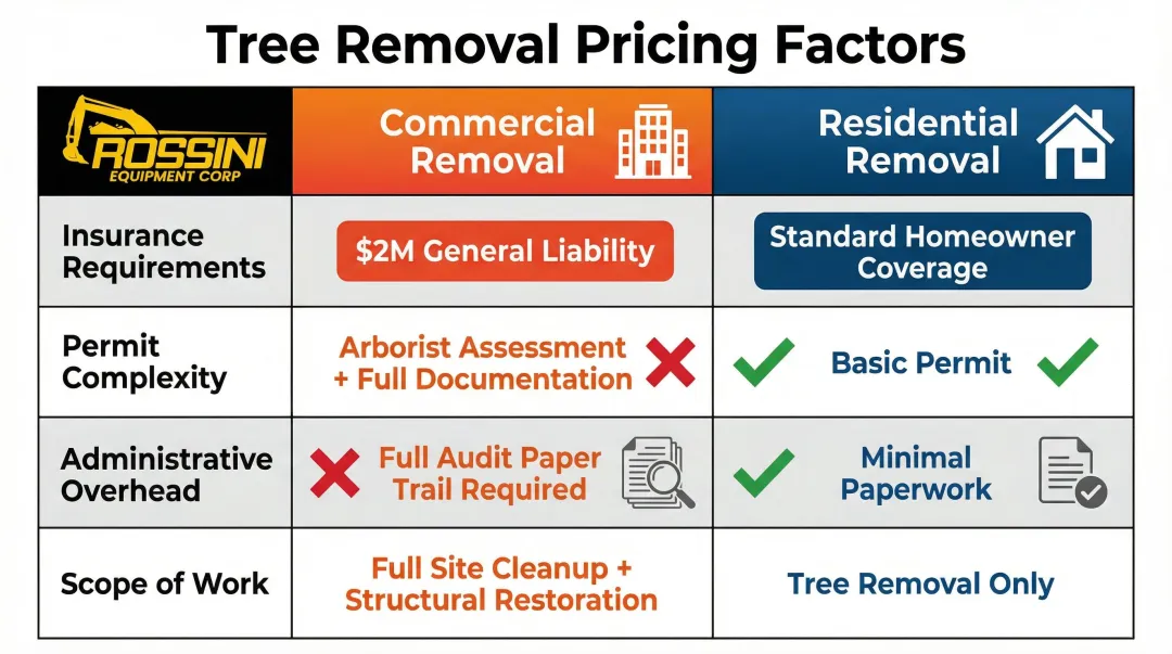 Commercial versus residential tree removal four key pricing differences side-by-side infographic