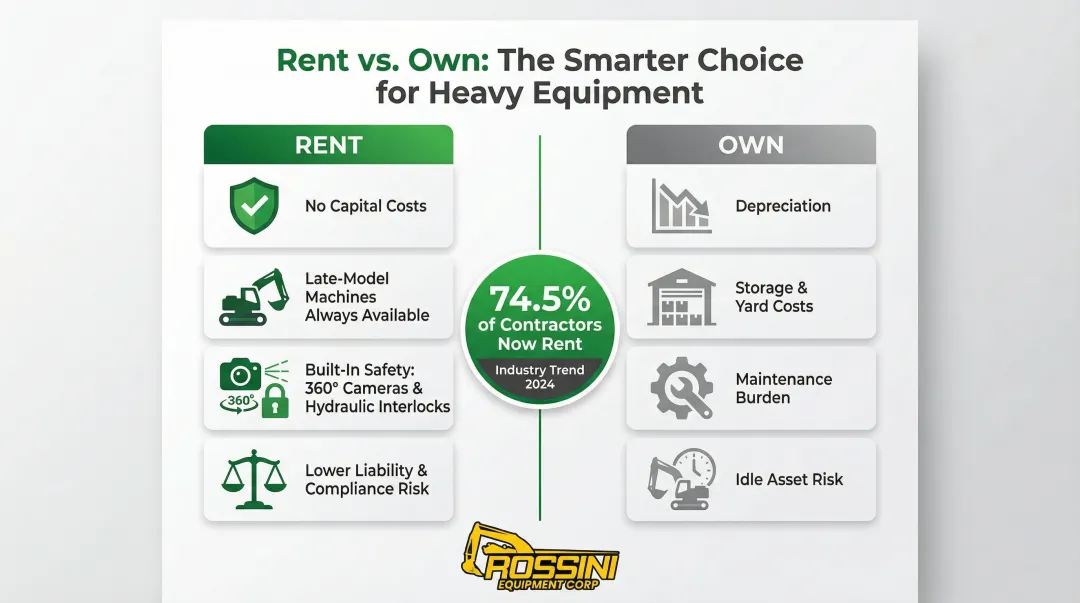 Key benefits of renting heavy equipment versus owning comparison infographic