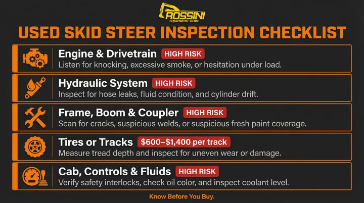 Skid steer inspection checklist five key areas with cost and risk indicators
