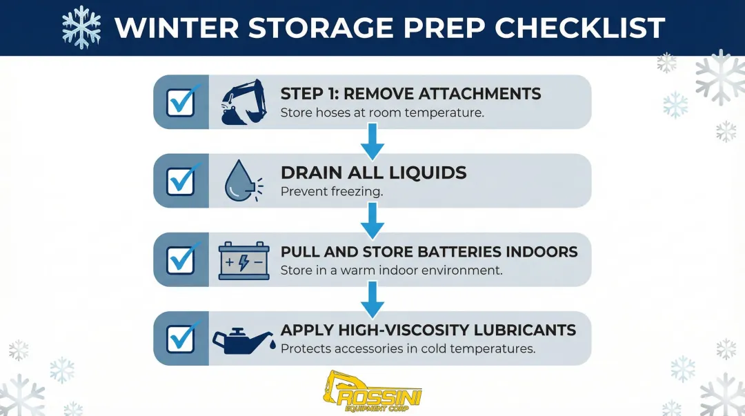 4-step winter heavy equipment storage preparation checklist process infographic