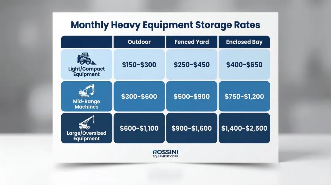 Heavy equipment storage monthly cost tiers by size and storage format comparison