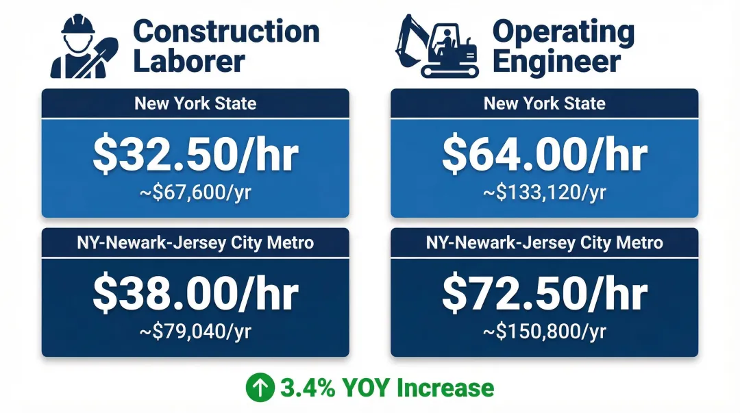 New York State construction labor and equipment operator hourly rates comparison 2023 to 2025