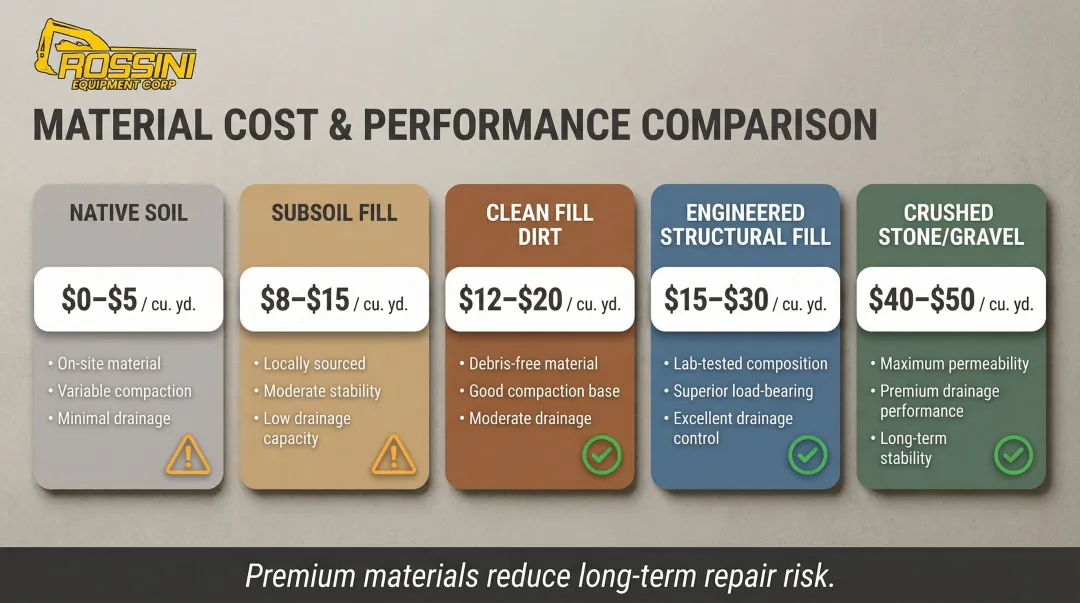 Foundation backfill material types cost comparison chart per cubic yard