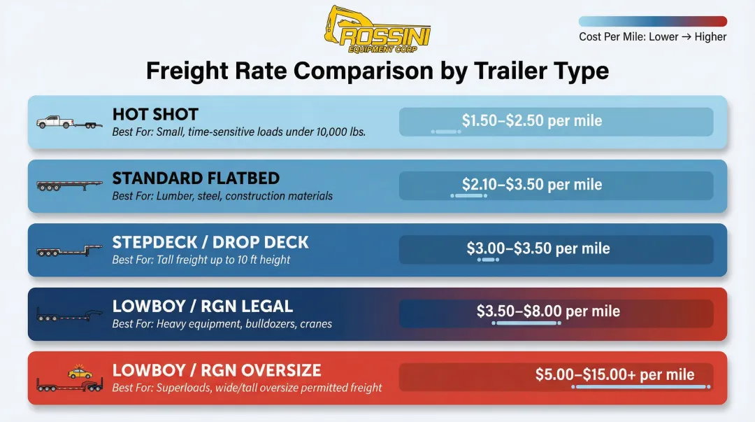 Equipment hauling trailer types cost per mile comparison chart infographic