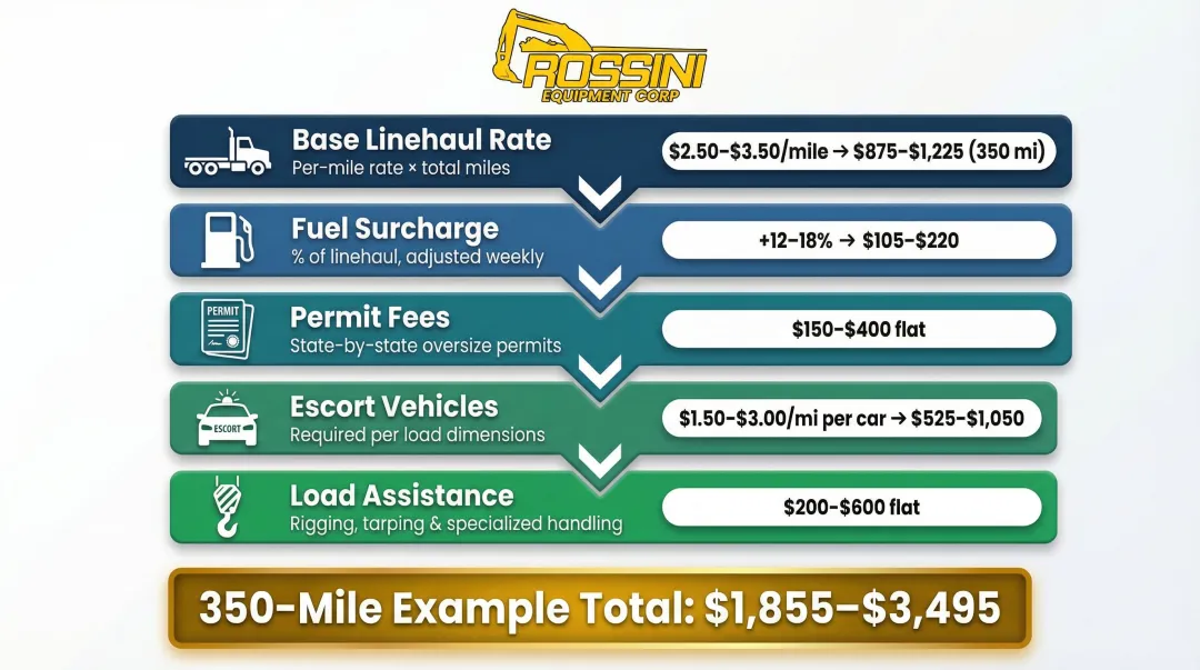 Equipment hauling total cost breakdown formula with five stacked components infographic