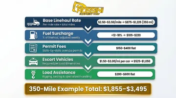 Equipment hauling total cost breakdown formula with five stacked components infographic
