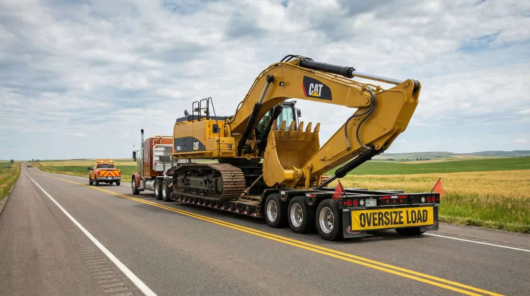 Heavy oversize construction load being transported on lowboy trailer on highway