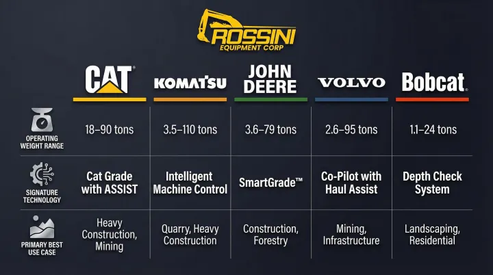 Top five heavy equipment machine manufacturers comparison chart covering technology warranty and best use cases