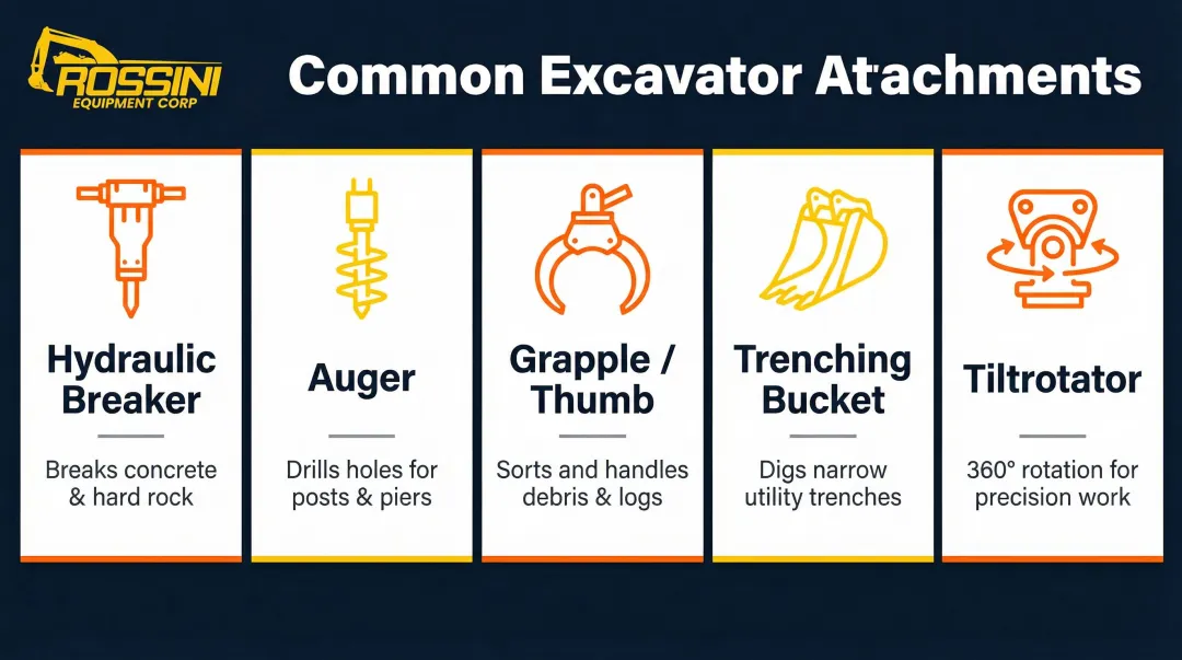 Common excavator attachments overview including hydraulic breakers augers grapples and trenching buckets