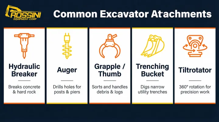 Common heavy equipment machine attachments overview including hydraulic breakers augers grapples and trenching buckets