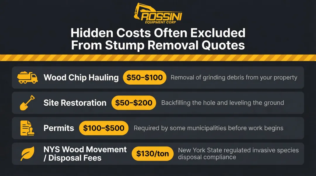 Four hidden stump removal costs excluded from base quotes infographic
