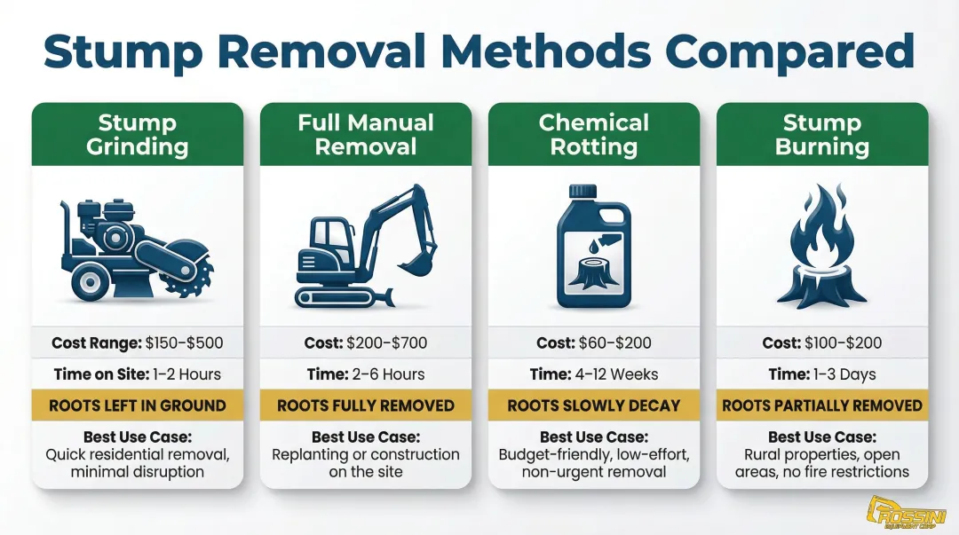 Four stump removal methods cost comparison with timeline and root status
