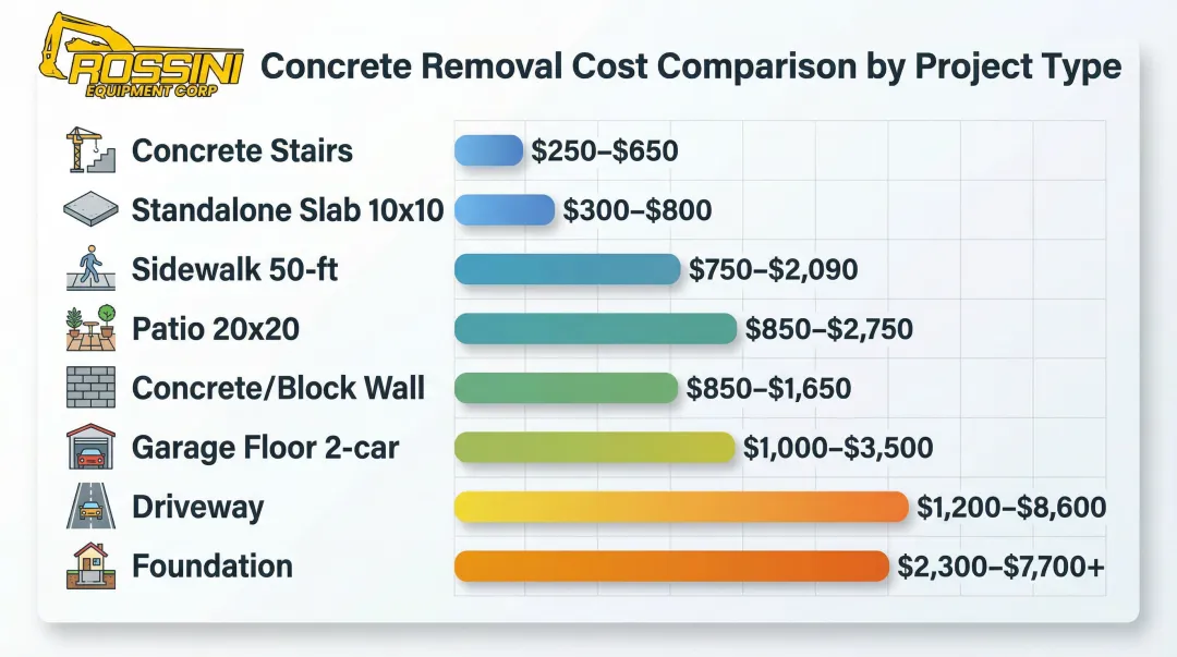 Concrete removal cost by project type comparison chart with price ranges