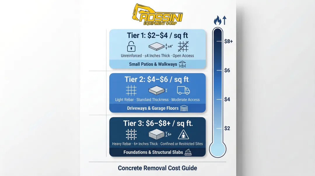 Three-tier concrete removal pricing breakdown comparing cost conditions and project types