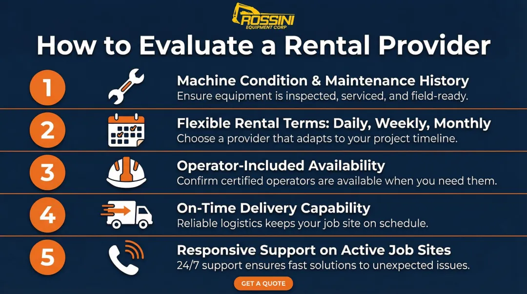 Five-factor checklist for evaluating construction equipment rental providers